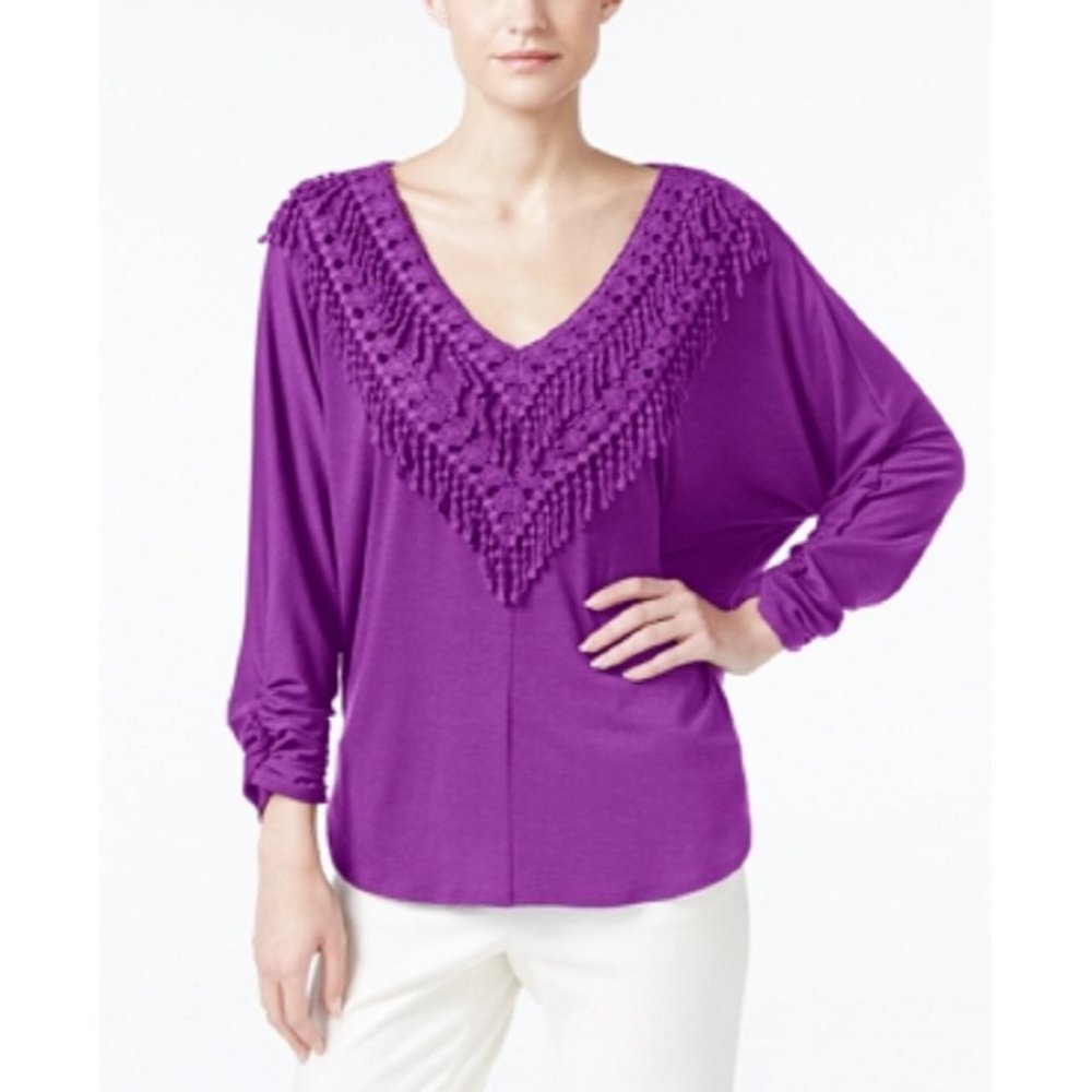 Ny Collection Crochet Fringe-Trim Peasant Top in Purple Size Small